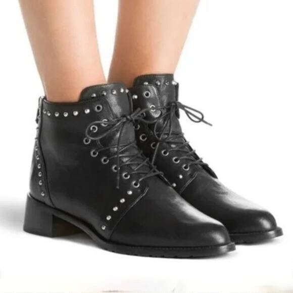 Stuart Weitzman Lashease Black Leather Studded Combat Boot  - Moto Bootie - Sz 8 - Picture 1 of 9